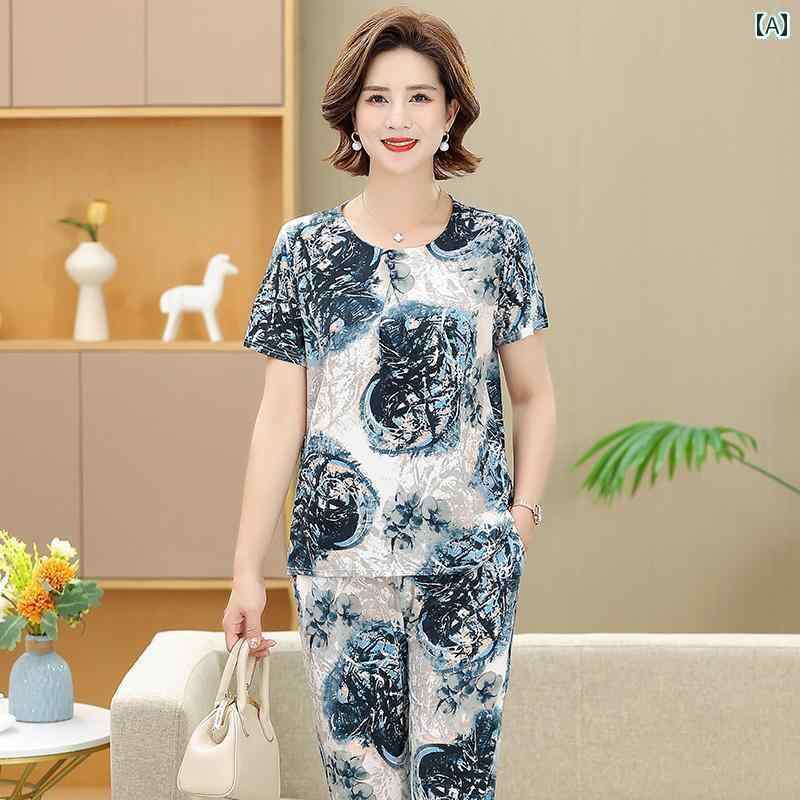 ルームウェア 部屋着 レディース 半袖 婦人 ミセス 高齢者 ママ アイス パジャマ 夏 九分丈 パンツ 冷感 ホーム 服 セット