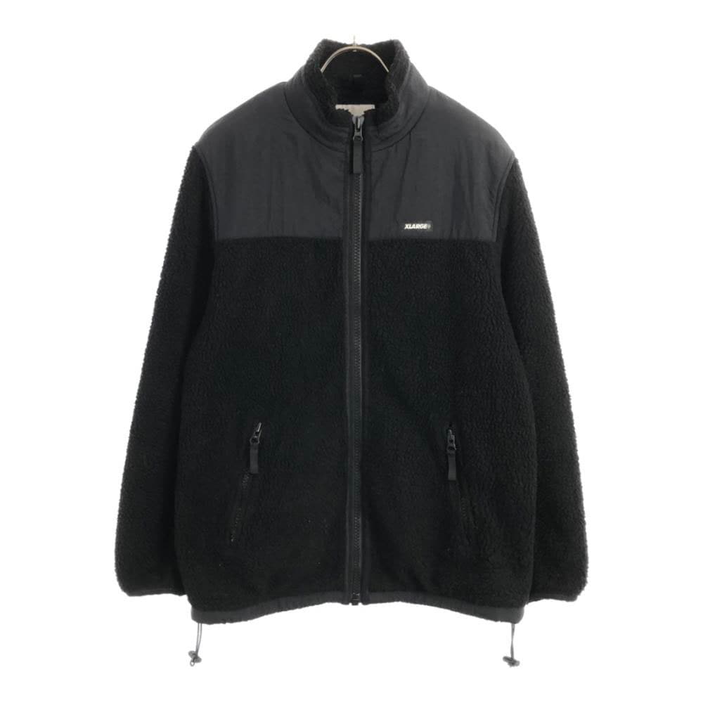 ロゴプリント フルジップ フリース ボアジャケット S ブラック 裏メッシュ 切替 メンズ