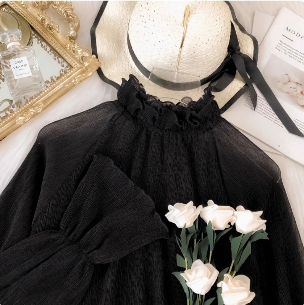 レディース トップス シャツ ブラウス カットソー デート レース 白シャツ 白トップス 袖あり 長袖 ボリューム袖 フレアスリーブ 萌袖 襟付き スタンドカラー 切り替えデザイン フリル 伸縮性