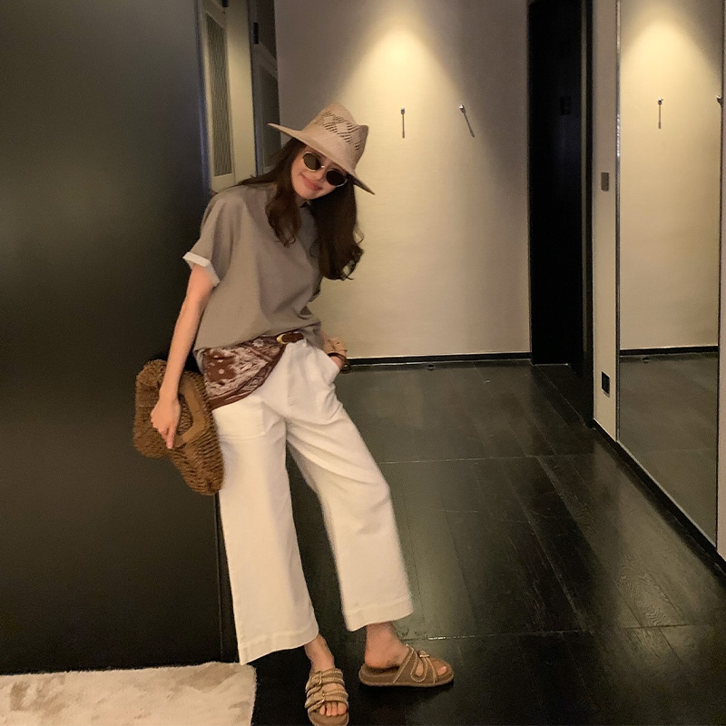 女性用夏の長いxierパンツ薄い薄い白いハイウエストジーンズゆるいカジュアルストレートカットアウトパンツ