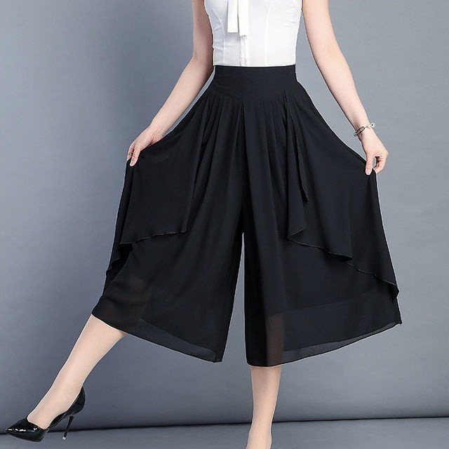 ワイドパンツ レディース ボトムス 大きいサイズ ミモレ丈 サイドフリル フレアパンツ ハイウエスト 黒 白
