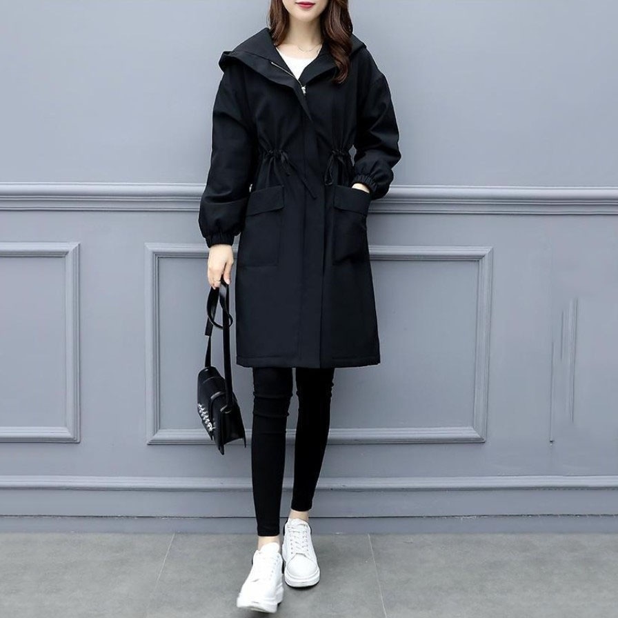 【店長推薦】 上品なシルエット シンプル 大きいサイズ 無地 カジュアル 春秋冬 ファスナー フード付き 膝丈 長袖 大きいサイズ ジッパート レンチコート