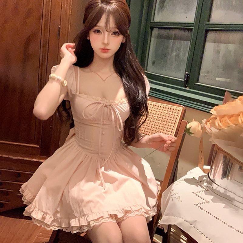 ウエストフレンチボウスクエアネックプリンセスパフィードレス