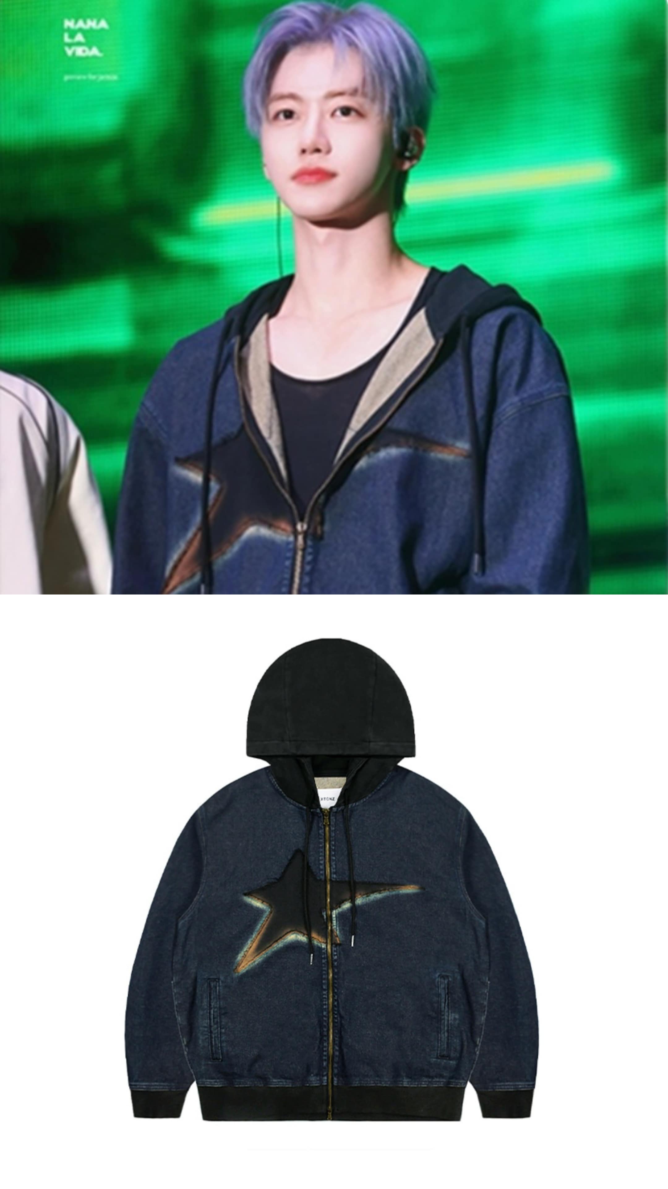 XTONZ/NCT jaemin wear/Vintage Washing Star Denim Hooded Zip-Up