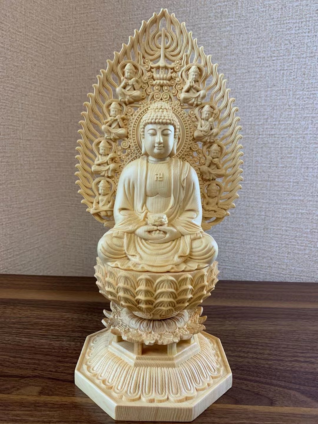 仏像 阿弥陀仏 阿弥陀仏像 檜木 木彫 仏具 (約)高28cm幅12cm奥行12cm