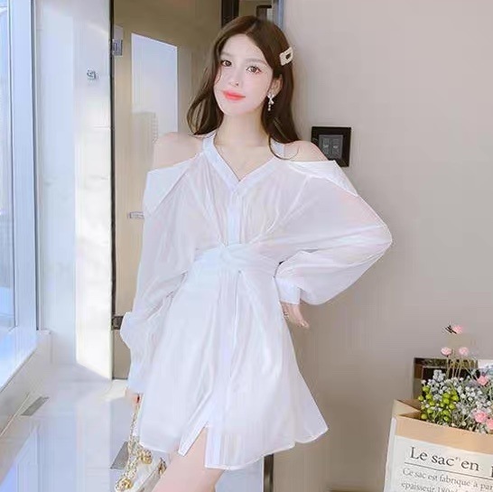 トップス ボトムス シャツ ブラウス セットアップ 上着 ミニ ショート 長袖 Vネック オフショルダー フレア Aライン フェミニン ストリート ウエストマーク ウエストリボン バックリボン