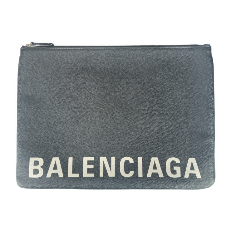 BALENCIAGA バレンシアガ クラッチバッグ VILLE POUCH 579550 ブラック ホワイト シルバー金具 レザー メンズ【本物保証】