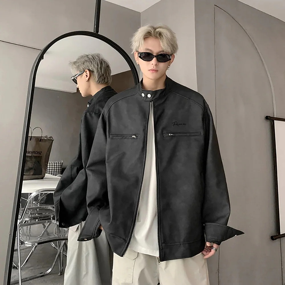【人気商品】レザージャケット男子高生のメンズ春と秋の新しいフルジップルーズレザージャケットジャケット