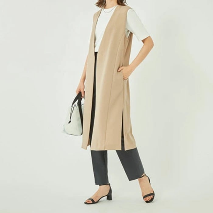 【急速出荷!】大人気！ロング ジレ ベスト レディース ロング丈 スーツベスト ノーカラー アウター 大きいサイズ ベージュ 春 夏 秋 冬 薄手 スリット