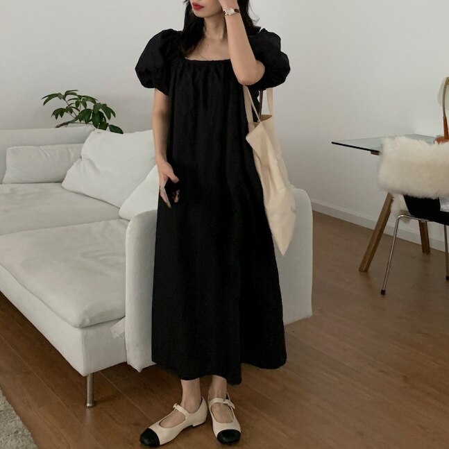 レディース ワンピース マキシ丈 ロング Iライン パフスリーブ スクエアネック シンプル シックス