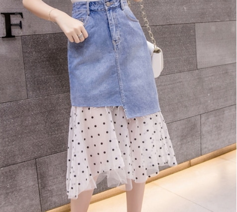 デニム×ドットシフォンスカート スカート ボトムス ミモレ丈 マーメイド シフォン デニム 爽やか 大人スタイル かわいい 大人可愛い きれいめ シンプル カジュアル 大人 上品 おしゃれ かっこいい