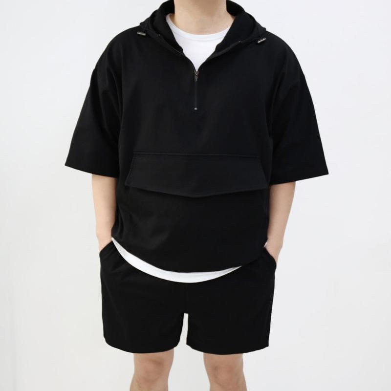 メンズ オーバーサイズ セラー クール ブンドット フード ハーフジップ アノラック 半袖Tシャツ (4色)