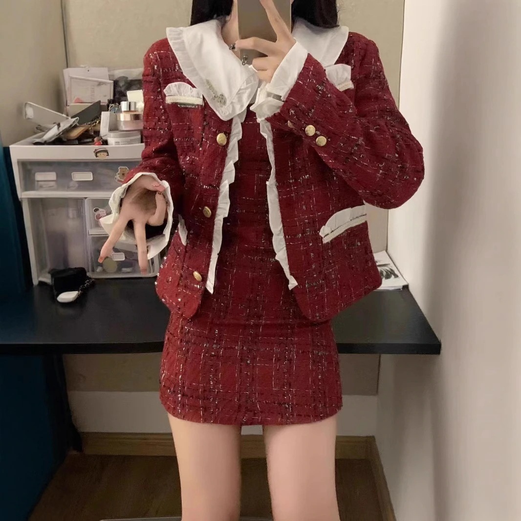 秋冬 デザイン性高いツーセットワンピース（擬似2点組仕様）裏起毛 防寒 デート