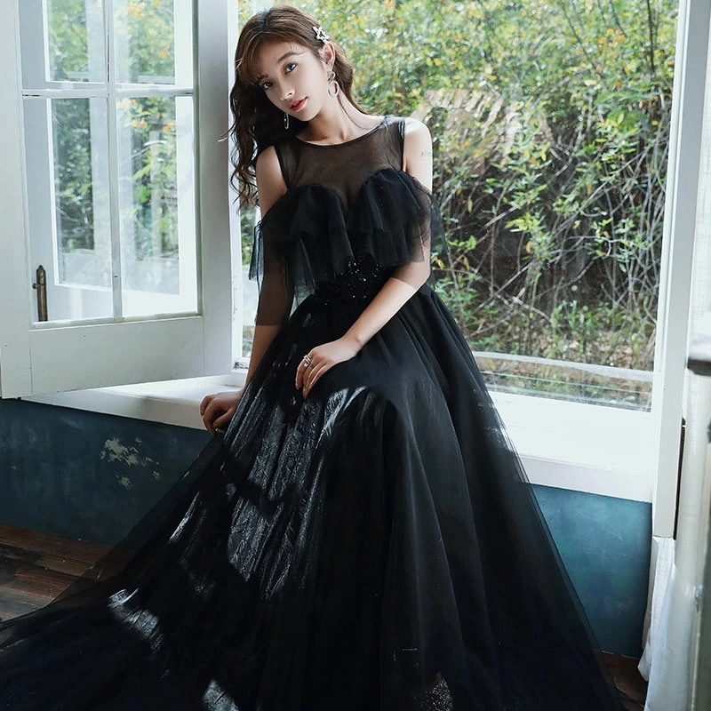 ウェディングドレス ウエディングドレス カラードレス カクテルドレス ロングドレス パーティードレス 発表会ドレス 演奏会 ステージドレス イブニングドレス 大人 ブラック 袖付き フォーマル 黒 卒 10,164円