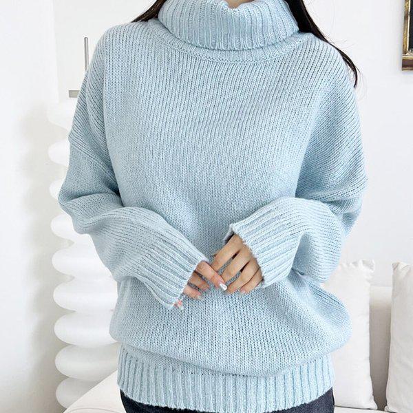 女性ベーシック無地オーバーフィットタートルネックニット DJW-KNA-SCAT1081-ブラック