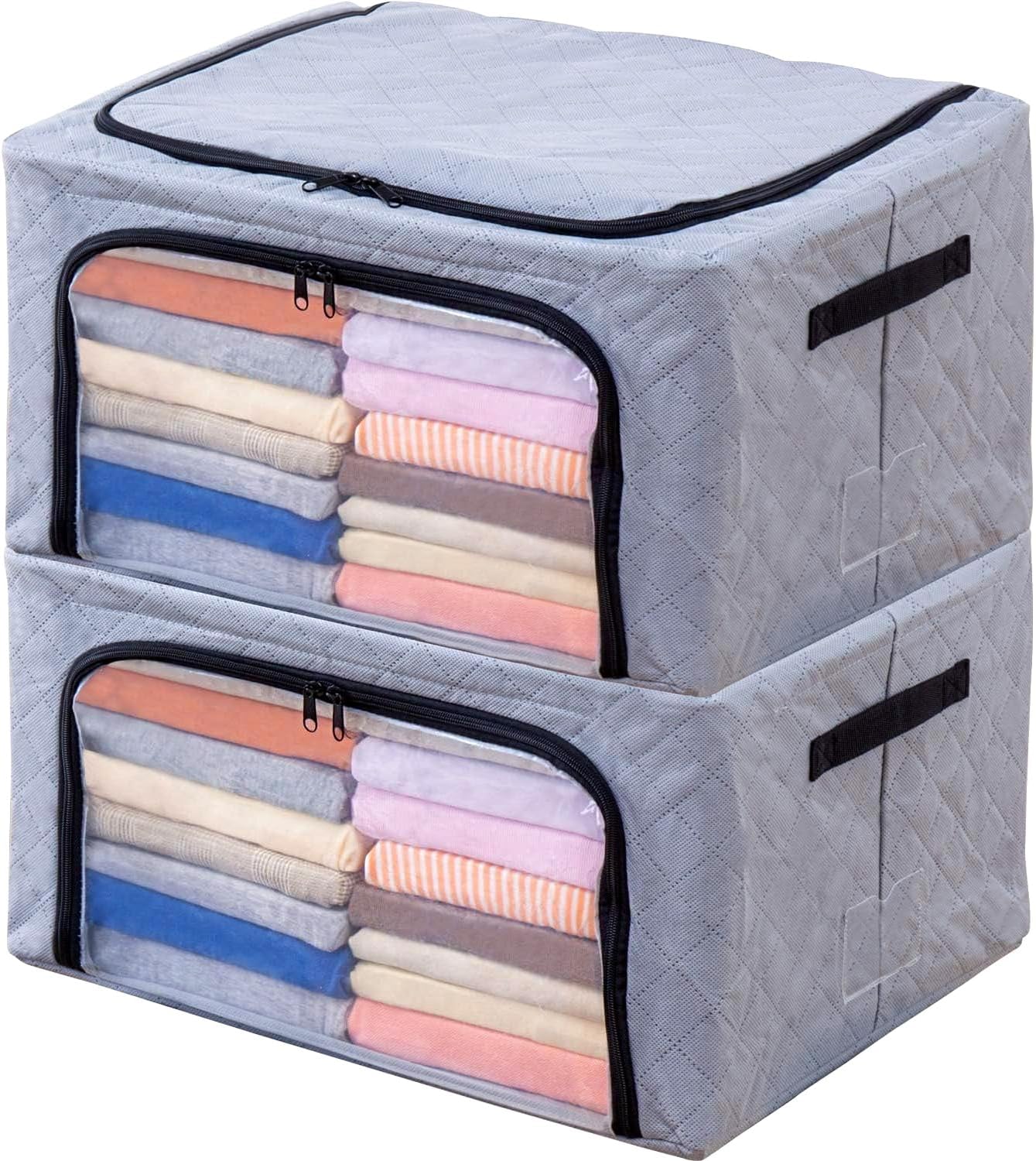 活性炭消臭 ワイヤー入り 衣類収納ケース 大 2個組 活性炭の力で消臭 積み重ねできる ダブルドア 通気性の良い不織布 収納ボックス 620-57