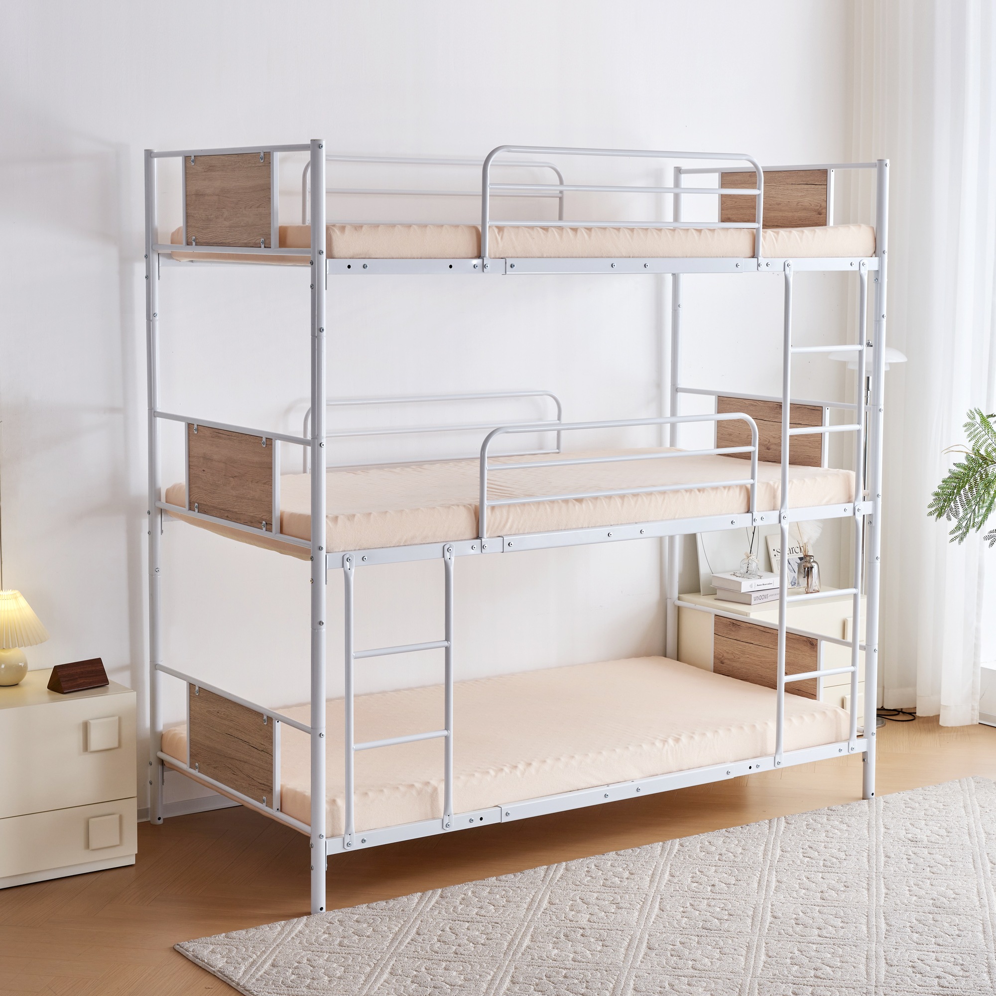 79【新作】【ホワイト】三段ベッド パイプベッド　分離可能 スチールベッド　子供部屋スチール 　耐震