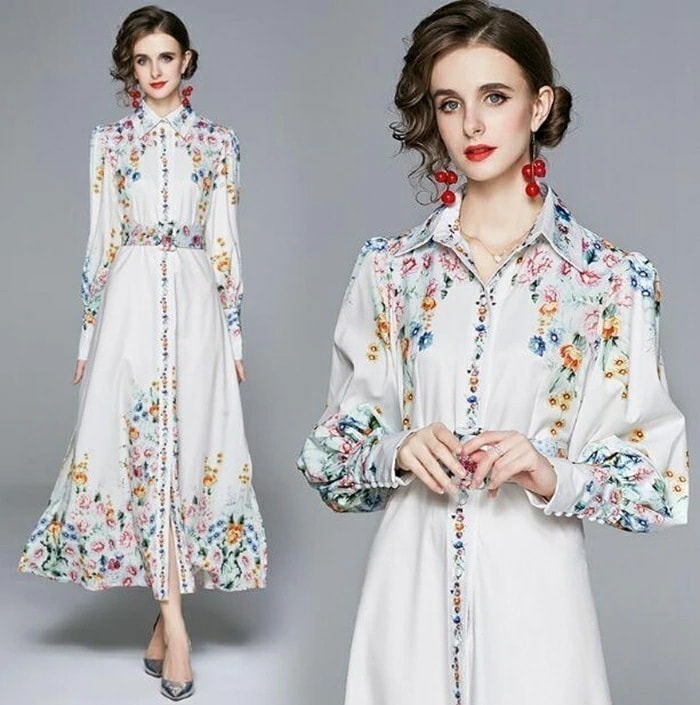 【即納】パーティードレス 結婚式 ワンピース ロング丈 結婚式 お呼ばれ 花柄 プリント パーティードレス ミモレ丈 ワンピース 結婚式 二次会 ゲストドレ　ワンピース 袖あり パーティードレス 卒入