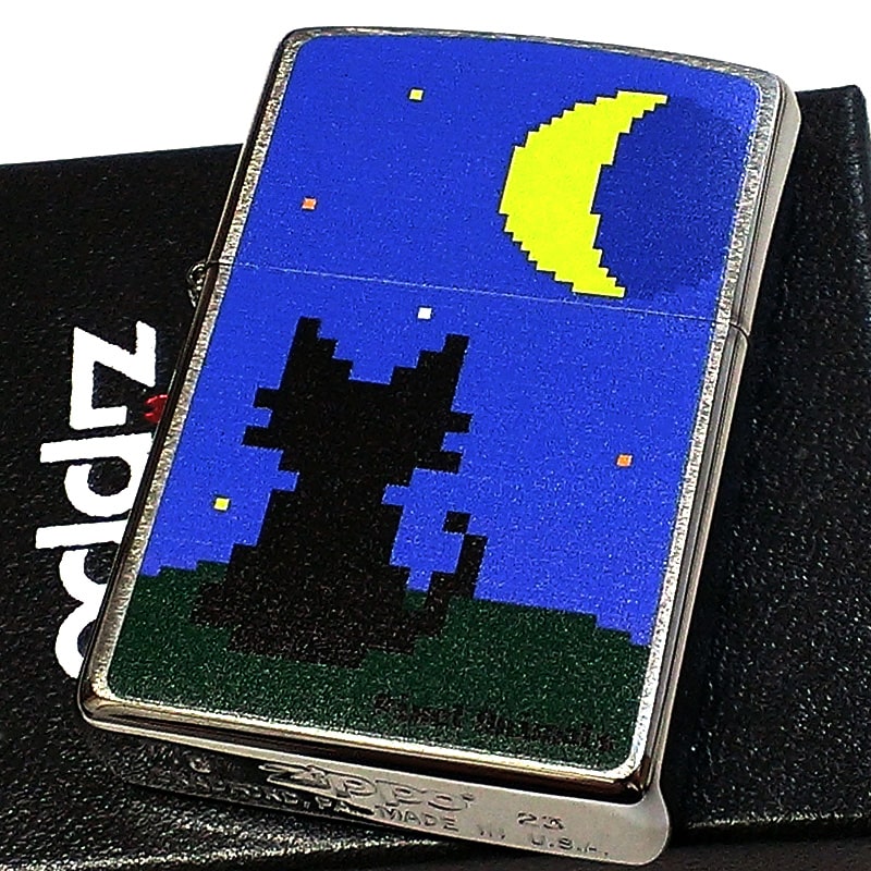 ZIPPO ライター 可愛い ネコ ピクセル アニマル ジッポ シルバー 猫 シルエット 夜空 ねこ ギフト レディース 女性 メンズ プレゼント