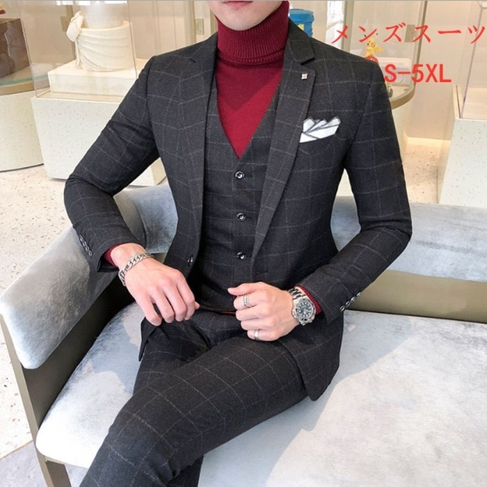 【送料無料】送料無料 メンズスーツ カジュアルスーツ スリムスーツ メンズ 入学式 成人式 3点セット 二次会 宴会 ビジネススーツ フォーマルスーツ チェック柄 高品質 ビジネス 結婚式 8,010円
