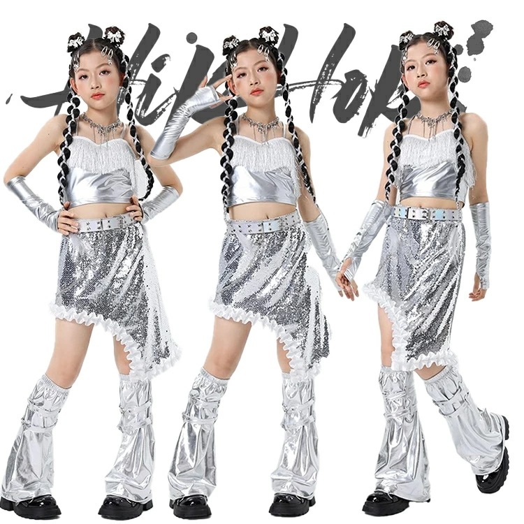 スパンコール キッズ ダンス ダンス衣装 シルバー 女の子 ガールズ へそ出し スカート レッグウォーマー ダンスウェア 発表会 応援団 イベント ジュニア カッコイイ 普段着 jazz オシャレ D