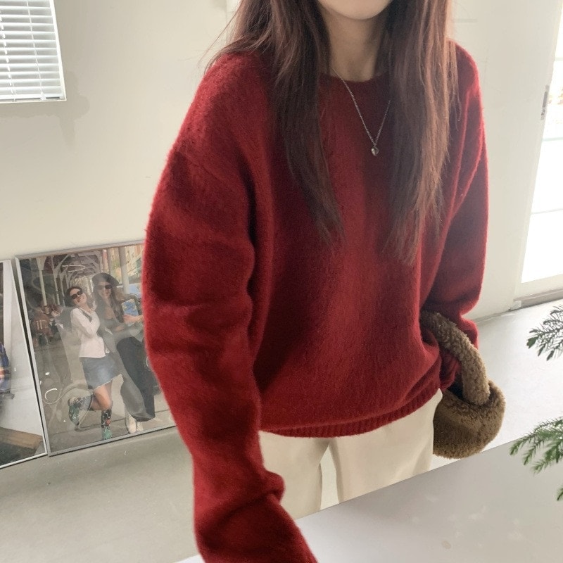 ワインレッドのもちもち丸襟セーター秋冬のレトロな小衆の怠惰な風oversizeゆったりニット上着 5,613円