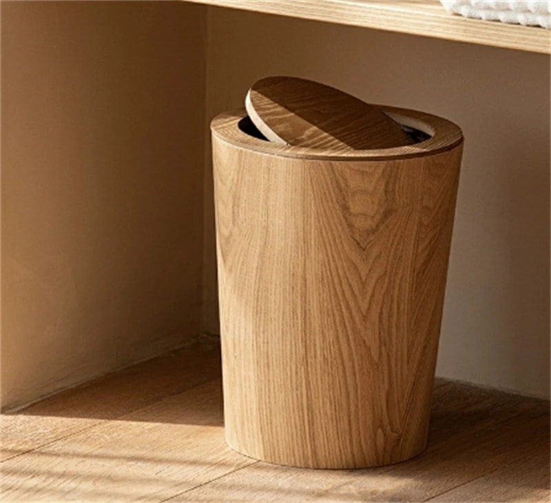 木製ゴミ箱 木製 12L 木目調ゴミ箱 ダストボックス 蓋つきゴミ箱 中が見えないダストボックス インナーボックス付き キッチン リビングルーム トイレ 室内 洗面所用 大容量 丸型 キッチンゴミ箱