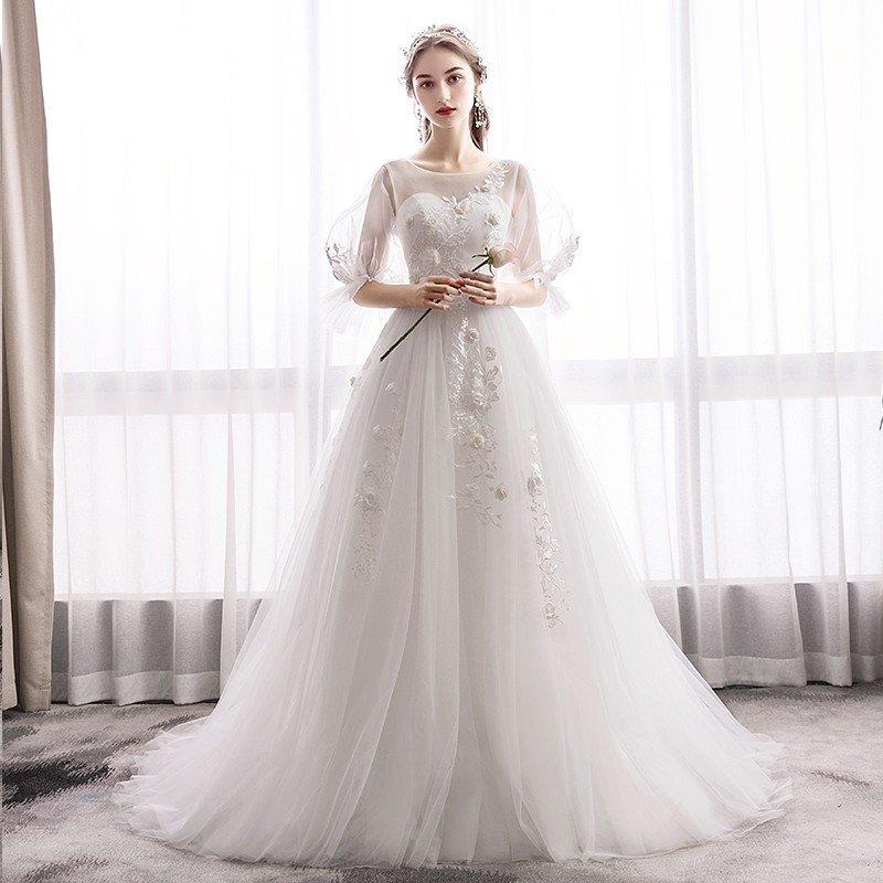 ウエディングドレス aライン 白 袖あり 格安 ウェディングドレス 花嫁 結婚式 パーティードレス 二次会ドレス ブライダル ロングドレス イブニングドレス