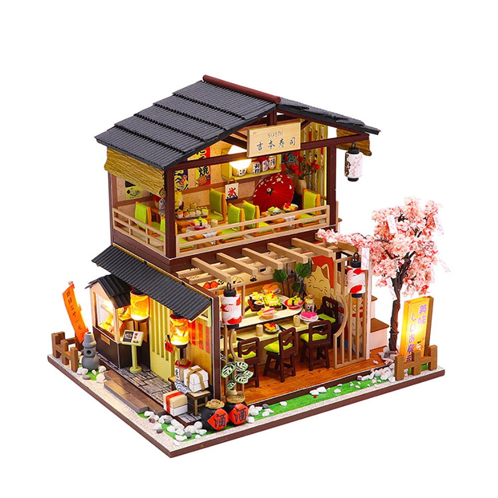 ドールハウス ミニチュア 手作りキット セット桜咲く寿司屋さん 二階建て 和風 寿司 桜 春 中型 LEDライト ( 吉本寿司 )