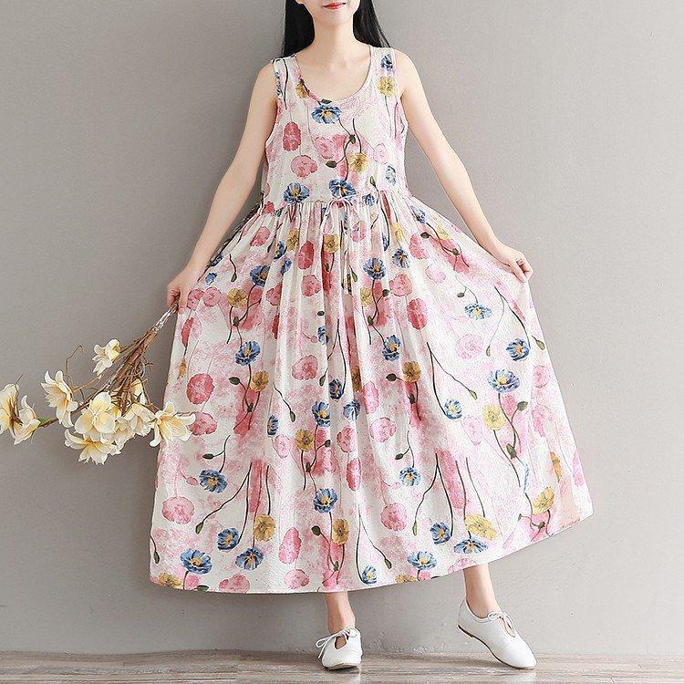 ドレス 夏 サマードレス ワンピース レディース ノースリーブ 花柄 柄 お洒落 綺麗め ロング丈 Aライン ハイウエスト