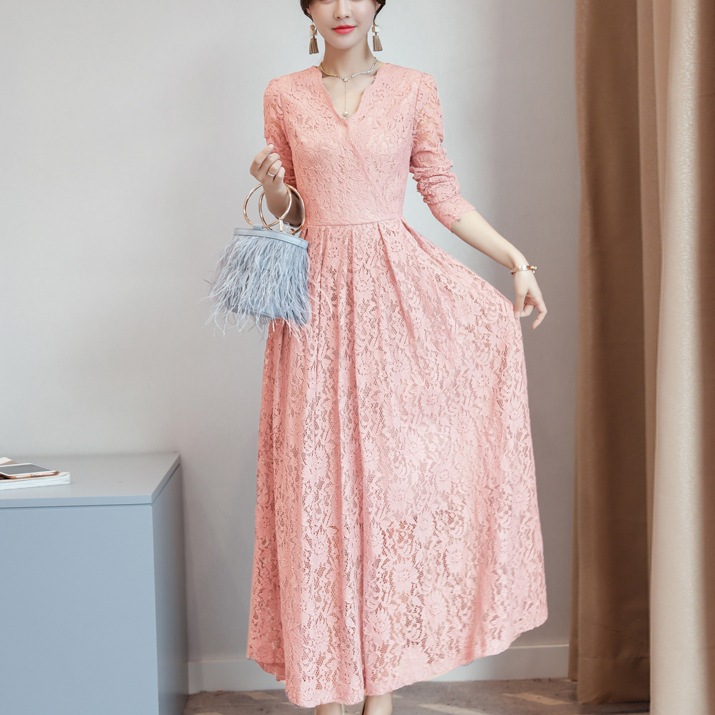 ワンピース パーティドレス ミモレ丈 長袖 Vネック レース 透け感 総レース かわいい 大人可愛い きれいめ シンプル 大人 上品 おしゃれ レトロ 大人可愛い 大人女子 こなれ感 キュート