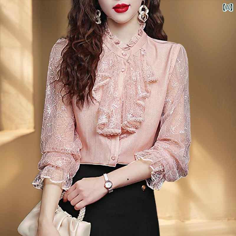 レディース　　シャツ　トップス 杭 州 ビッグ フリル シルクシャツ レディース スタンドカラー 長袖 高級 レース ブラウス 桑 シルク トップ 春 5,282円
