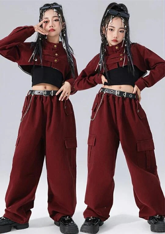 【激安販売】大好評 高品質新入ダンス衣装 キッズセットアップ 赤 デニム トップス へそ出し タンクトップ ショート丈 ジャケット ズボン カーゴパンツ デニム ジーンズ ヒップホップ 子供 ダンス