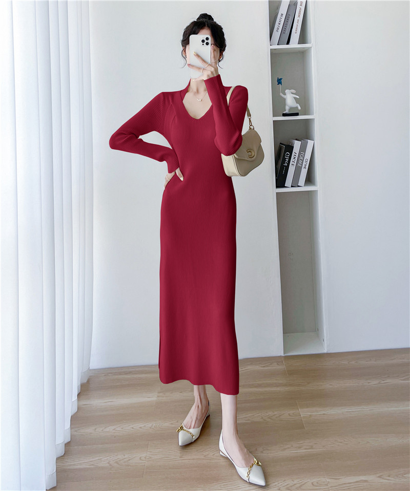 フレンチレトロ高級感Vネックネックニットスカート秋冬スリム薄手ニットワンピースボトムロングスカート