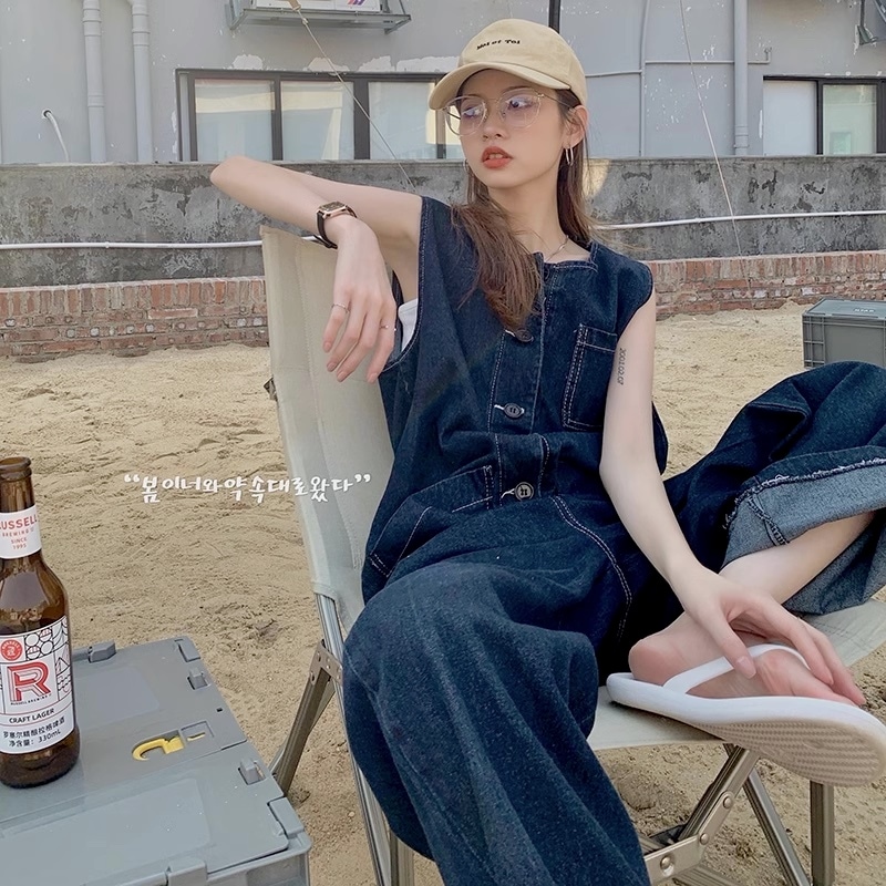 デニムオールインワン ボトムス パンツ オールインワン ロング ロング丈 袖なし ノースリーブ ラウンドネック デニム かわいい 大人可愛い きれいめ シンプル カジュアル 大人 上品 おしゃれ