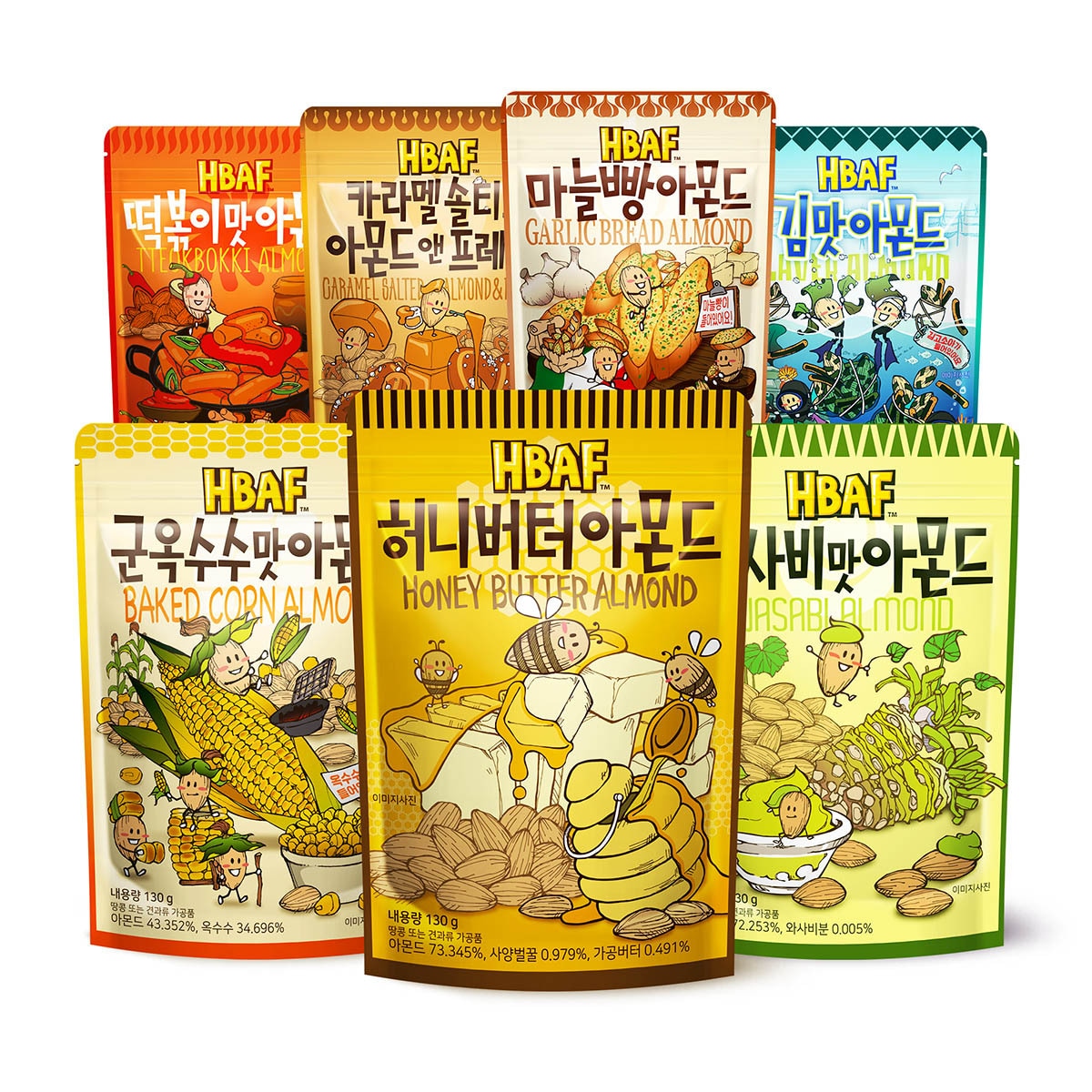 韓国-KMEAL-HBAFシーズニングアーモンド7種ハニーバターわさび味群とうもろこし味ガーリックト