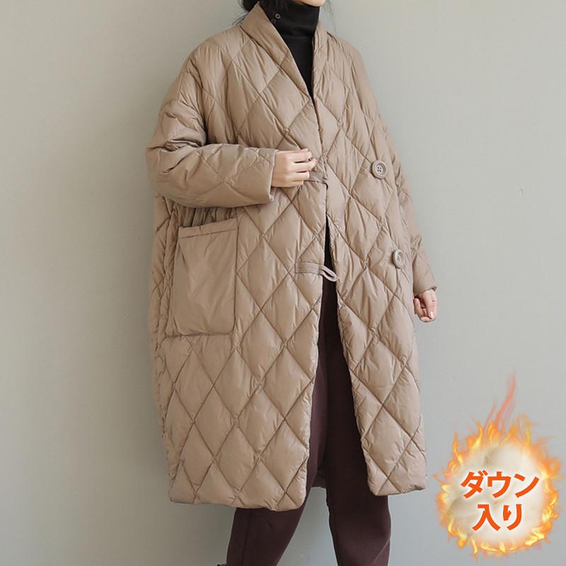 ダウンコートレディース冬服ロング丈立ち襟ボタンダウン無地秋冬ダウンジャケット厚膝丈ゆったり暖かい保温防寒羽織りアウター軽量