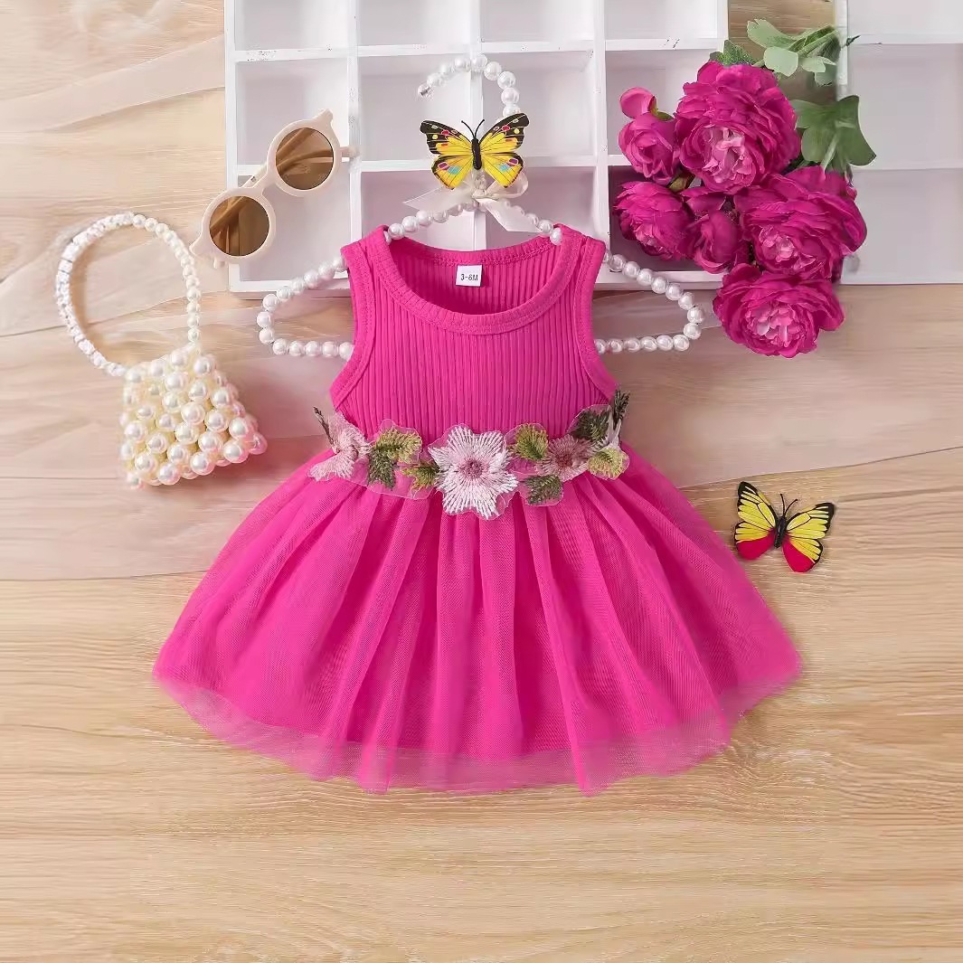 【1つ買うと10つ無料】幼児中年中年の子供と女の子の夏季袖のウエストフラワースプライシングメッシュ甘いドレストレンディ