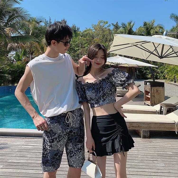 ペア 水着 ペアルック カップル 水着 おそろい お揃い 水着 レディース 水着 黒 ブラック セパレート パンツ キュロット 体型カバー 水着 メンズ 水着 サーフパ