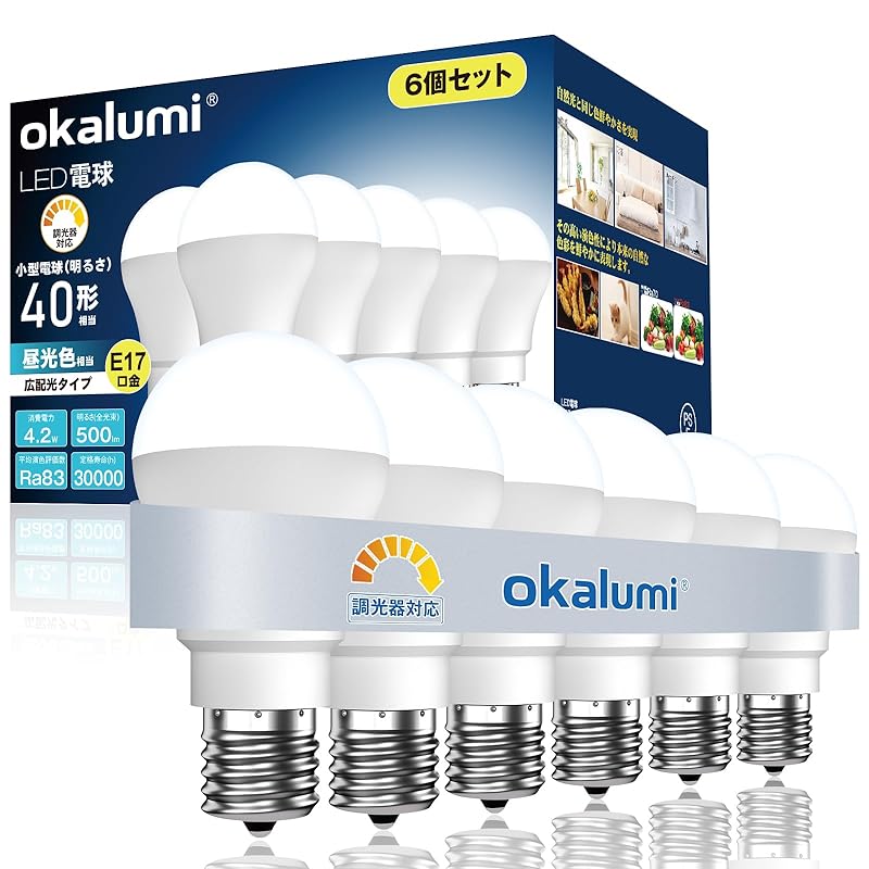 okalumi LED電球 調光器対応 E17口金 40W形 昼光色 500lm 小型電球 広配光タイプ ミニクリプトン ミニランプ形白熱電球代替推奨 6個セット 【LDA4L27-E17d D】
