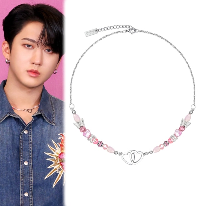 【Stray Kids着用】ハイティーンダブルハートピンクビーズチェーンネックレス
