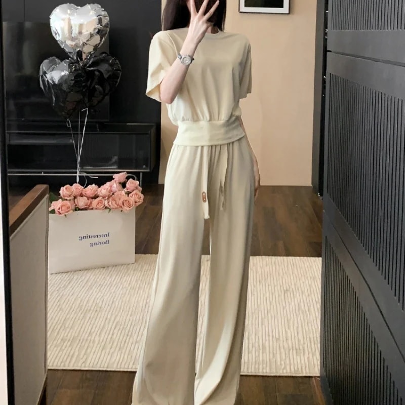 韓国セットアップ レディース スポーツスーツ女性の服痩せ見えファッション半袖ワイドパンツ2点セット ウェア 涼しく楽ちんセットアップ スウェット上下セット スーツ