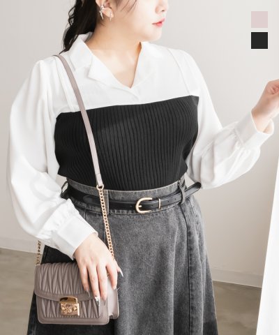 大きいサイズ レディース LL 3L 4L XL XXL XXXL CLETTEオリジナルシャツ切替リブニット