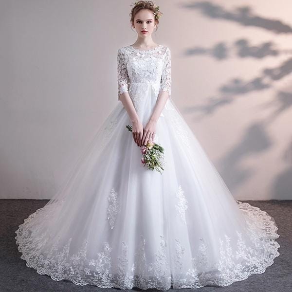 XS5L 花嫁 ウェディングドレス ハイウエスト 妊婦もOK 大きいサイズ 結婚式 二次会 締め上げタイプ レース ロングドレス トレーンドレス