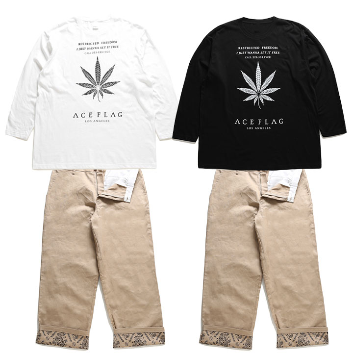 ACE FLAG 上下セット 長袖 ブランド ロンT チノパン 上下 セットアップ メンズ 春秋冬用 白/黒 大きいサイズ エースフラッグ ペイズリー 柄 b系