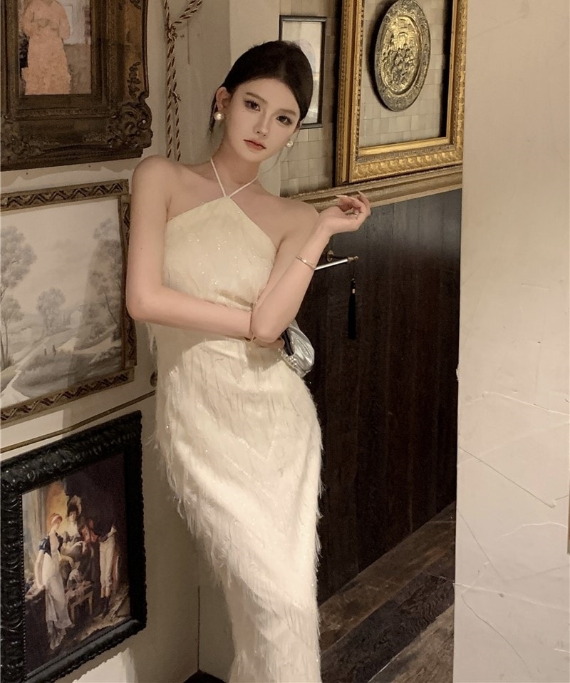 ドレス パーティードレス 二次会ドレス ミモレ丈ドレス ミモレ丈 袖なし ホルターネック 細身 シフォン フリンジ バックスリット 大人 上品 お洒落 セクシー レディース パーティー リゾート 旅行