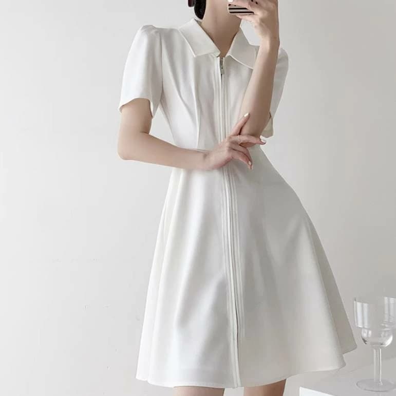 激安セール レディース スカート ワンピース ミニスカート ミニ ショート 半袖 襟付き スリム 細身 Aライン ファスナー ハイウエスト かわいい 大人可愛い きれいめ シンプル カジュアル 上品