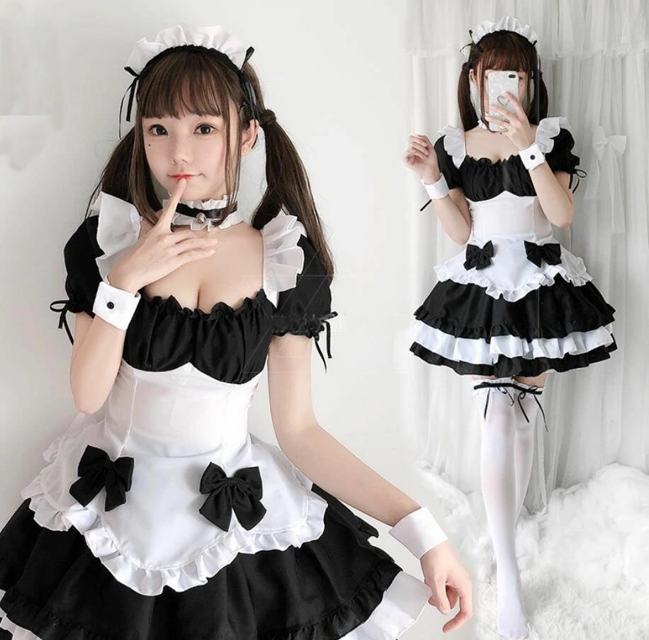 迅速な出荷 メイド服 コスプレ衣装 レディース 可愛い メイドコスチューム 上下セット 半袖トップス＋ 膝丈スカート ボリューム 裾フリル リボン カチューシャ 首飾り アムカバー ガーターリング フ