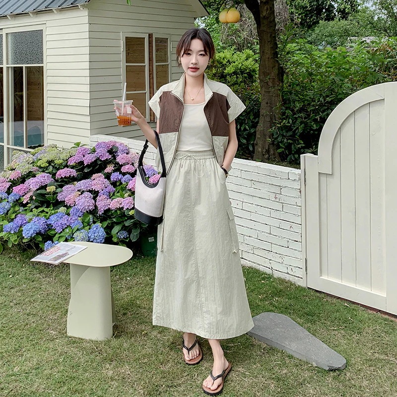 実際のファッション衝突スプライシングワークスタイルスーツドレス2024新しいカジュアル半袖ブラウス半身スカートツーピースセット