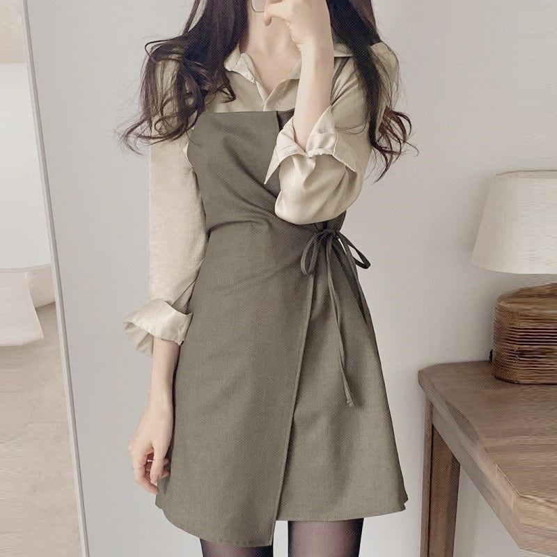 【3日で出荷】セットアップ ツーピース シャツ ブラウス トップス カシュクールワンピ トレンド シンプル 大人可愛い レトロ 韓国ファッション